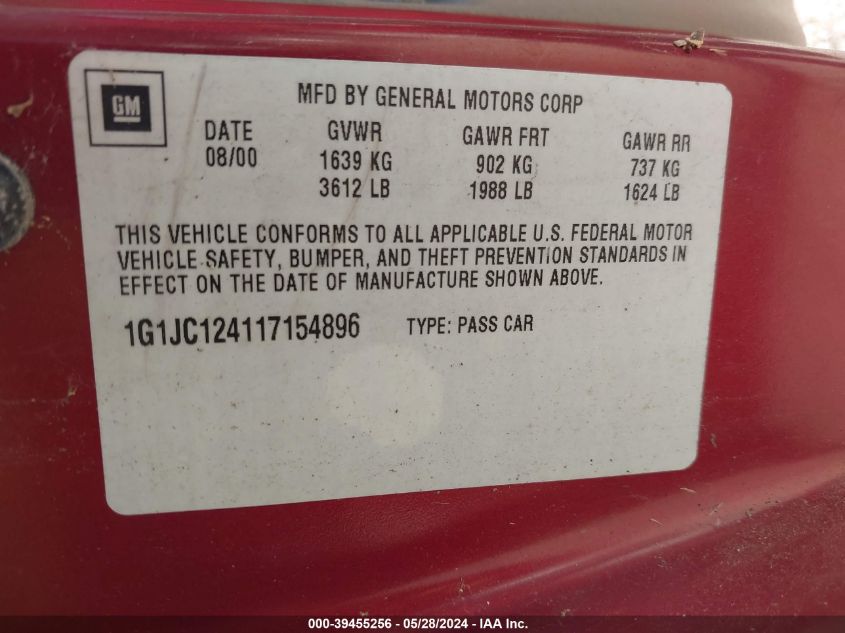 2001 Chevrolet Cavalier VIN: 1G1JC124017181460 Lot: 39455256