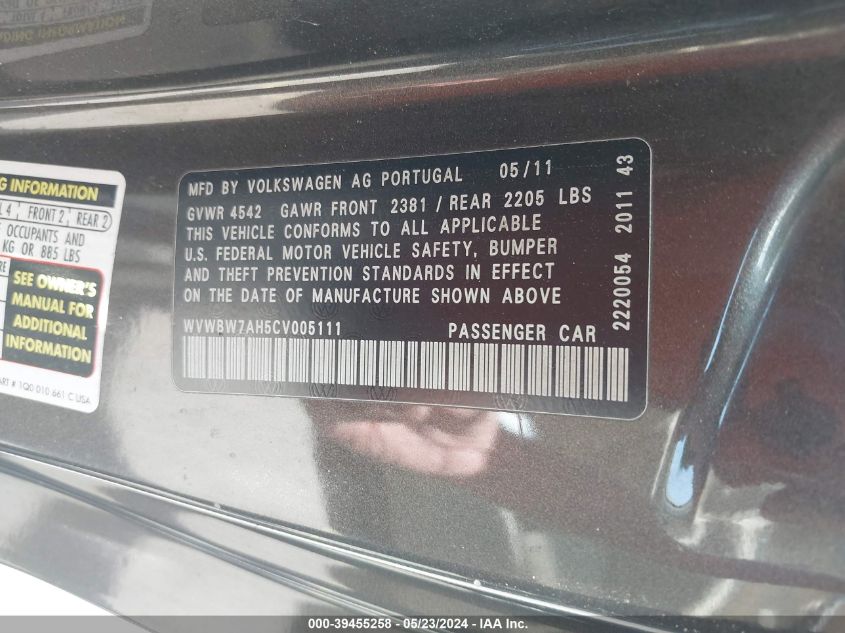 2012 Volkswagen Eos Komfort VIN: WVWBW7AH5CV005111 Lot: 39455258