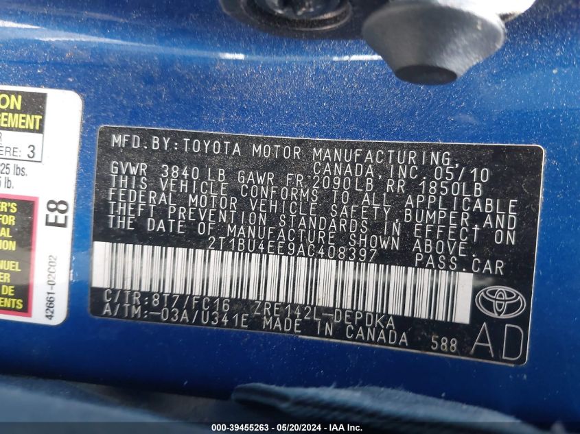 2010 Toyota Corolla Le VIN: 2T1BU4EE9AC408397 Lot: 39455263