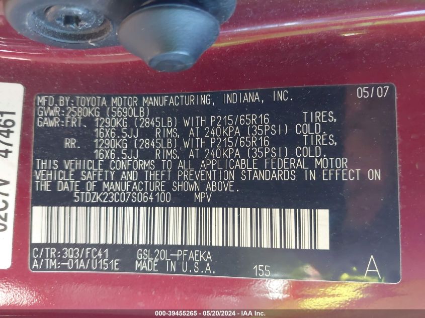2007 Toyota Sienna Ce/Le VIN: 5TDZK23C07S064100 Lot: 39455265