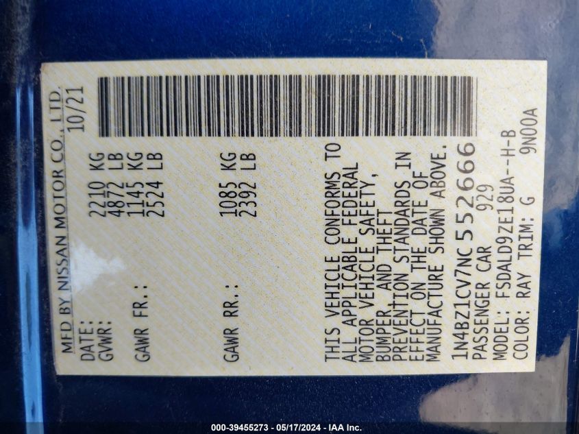 2022 Nissan Leaf Sv Plus 62 Kwh VIN: 1N4BZ1CV7NC552666 Lot: 39455273