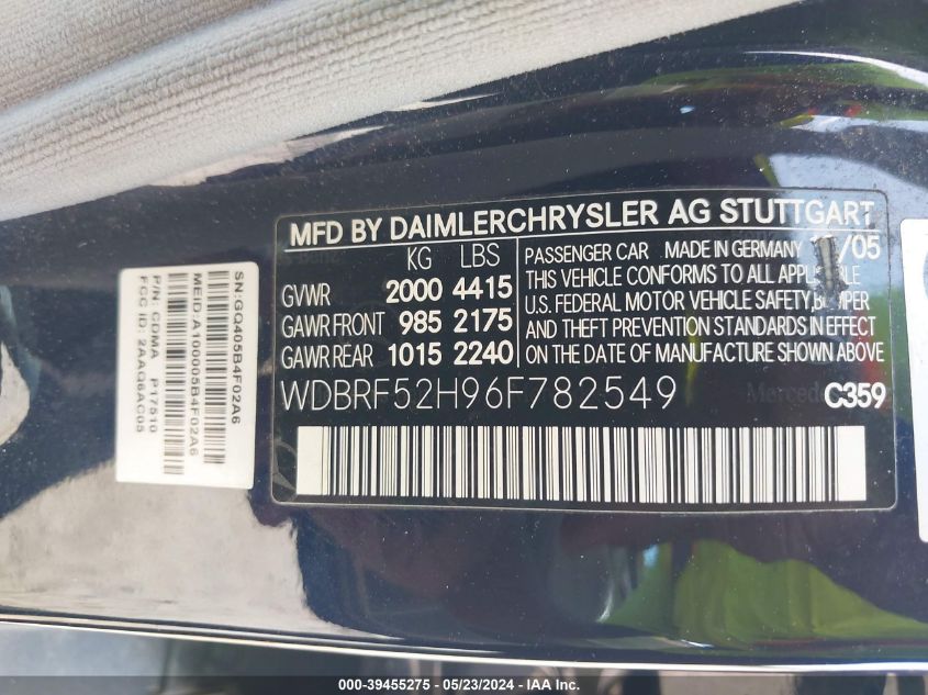 2006 Mercedes-Benz C 230 Sport VIN: WDBRF52H96F782549 Lot: 39455275