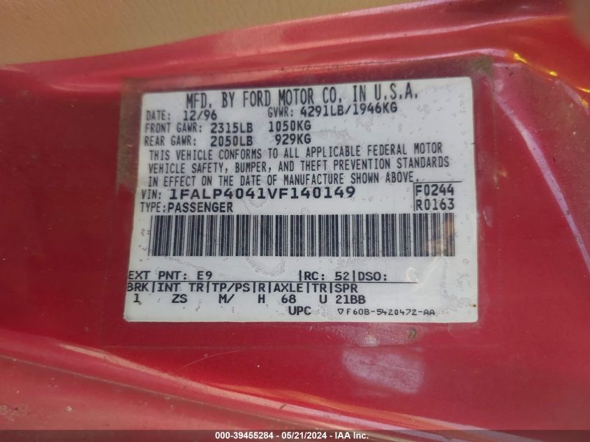 1997 Ford Mustang VIN: 1FALP4041VF140149 Lot: 39455284