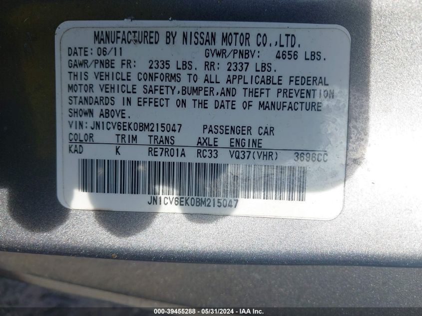 2011 Infiniti G37 Journey VIN: JN1CV6EK0BM215047 Lot: 39455288