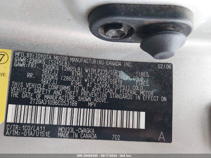 2006 Lexus Rx 330 VIN: 2T2GA31U96C053188 Lot: 39455295