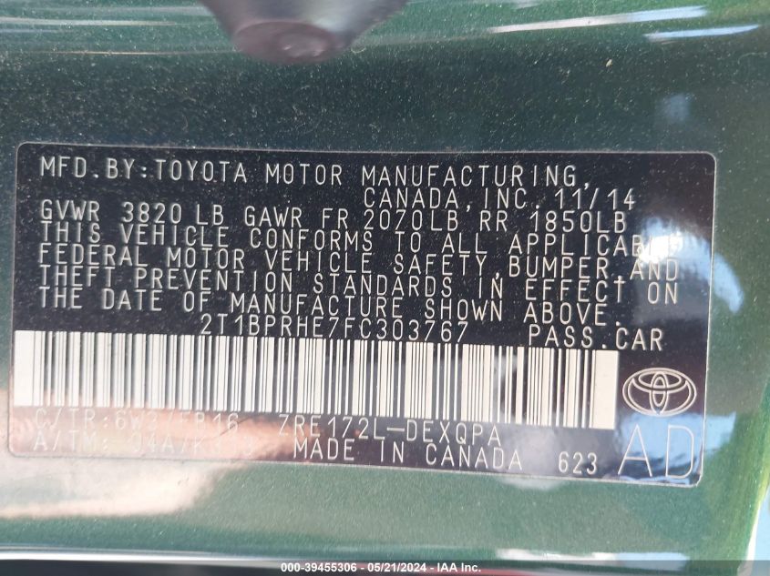 2015 Toyota Corolla Le Eco VIN: 2T1BPRHE7FC303767 Lot: 39455306