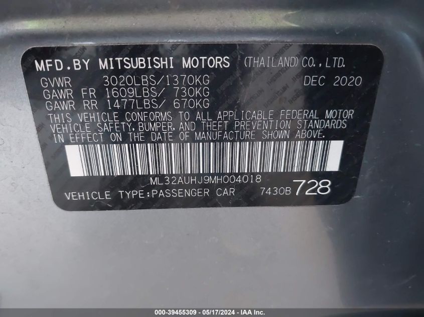 2021 Mitsubishi Mirage Carbonite Edition/Es/Le VIN: ML32AUHJ9MH004018 Lot: 39455309