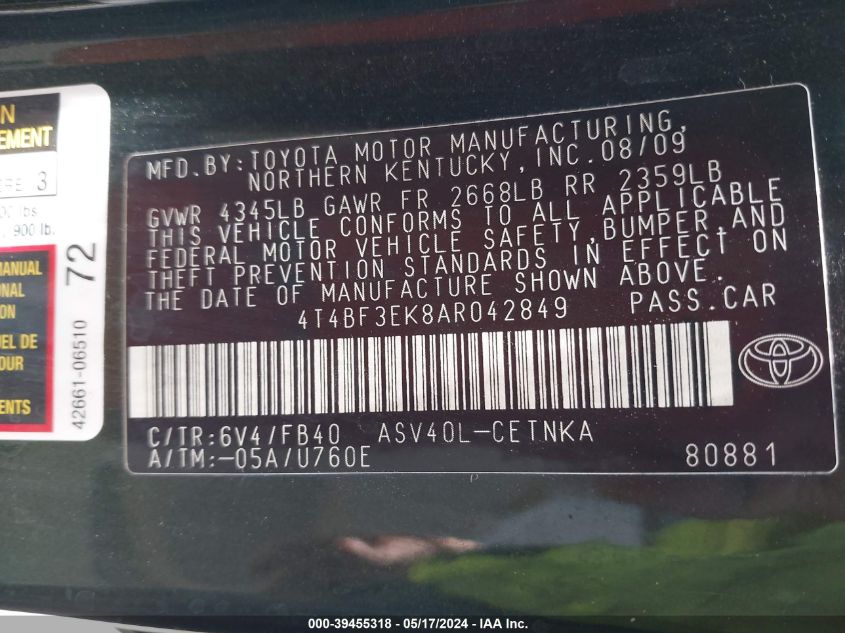 2010 Toyota Camry Le VIN: 4T4BF3EK8AR042849 Lot: 39455318