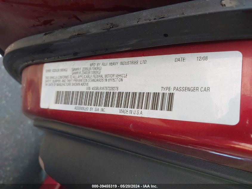 2009 Subaru Legacy 2.5I VIN: 4S3BL616797228278 Lot: 39455319