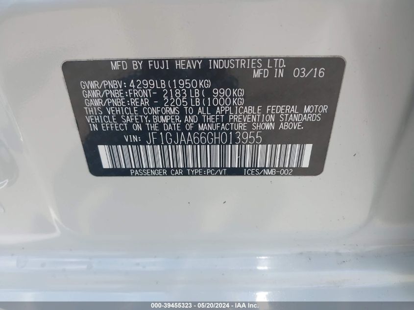 2016 Subaru Impreza 2.0I VIN: JF1GJAA66GH013955 Lot: 39455323
