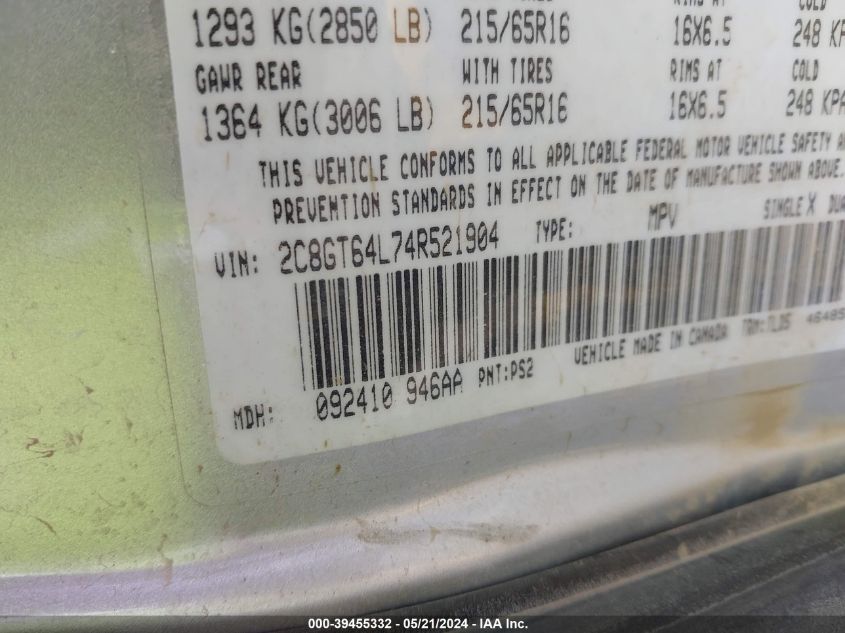 2004 Chrysler Town & Country Limited VIN: 2C8GT64L74R521904 Lot: 39455332