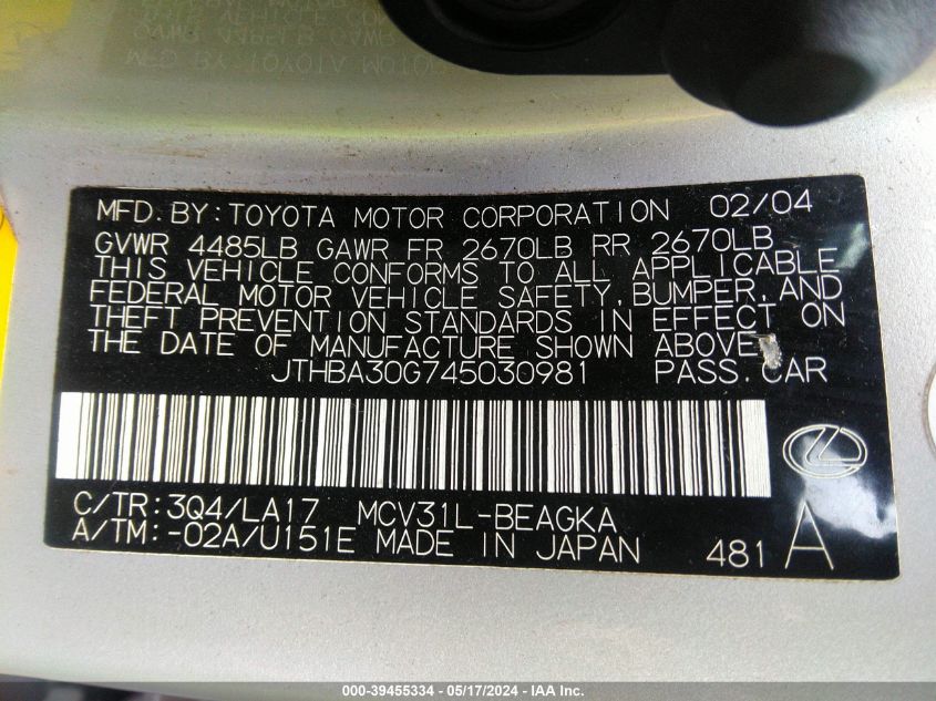 2004 Lexus Es 330 330 VIN: JTHBA30G745030981 Lot: 39455334