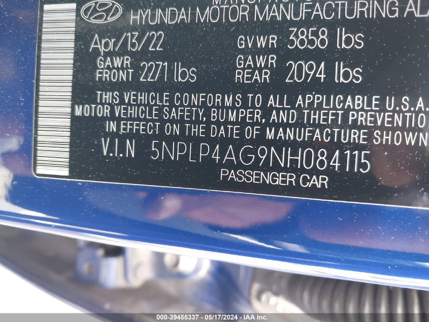 2022 Hyundai Elantra Limited VIN: 5NPLP4AG9NH084115 Lot: 39455337