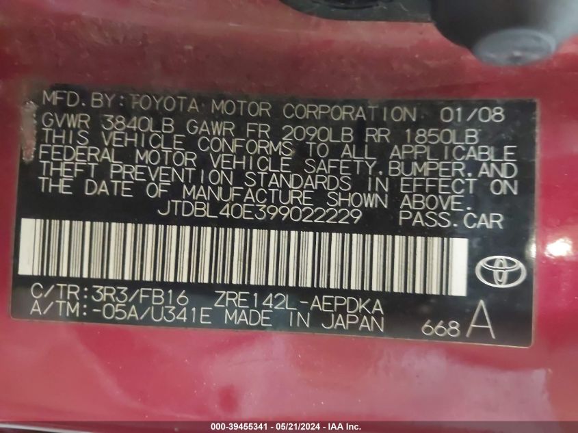 2009 Toyota Corolla Le VIN: JTDBL40E399022229 Lot: 39455341