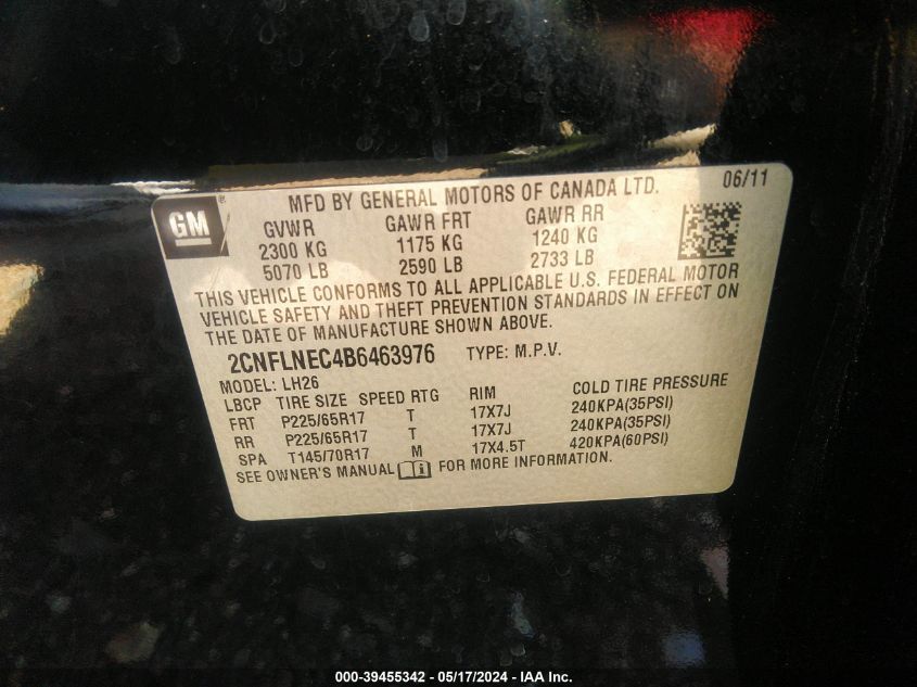 2011 Chevrolet Equinox 2Lt VIN: 2CNFLNEC4B6463976 Lot: 39455342