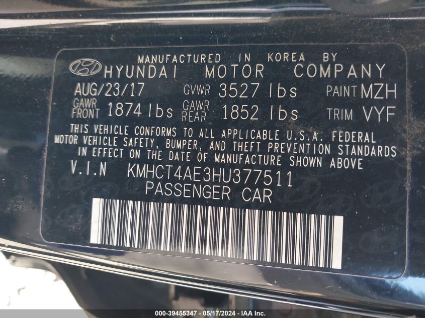 2017 Hyundai Accent Se VIN: KMHCT4AE3HU377511 Lot: 39455347