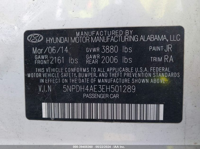 2014 Hyundai Elantra Se VIN: 5NPDH4AE3EH501289 Lot: 39455360