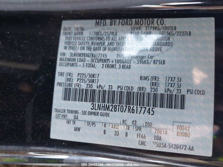 2007 Lincoln Mkz VIN: 3LNHM28T07R617745 Lot: 39455364