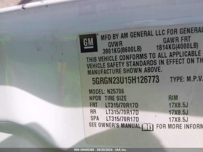 2005 Hummer H2 Suv VIN: 5GRGN23U15H126773 Lot: 39455366