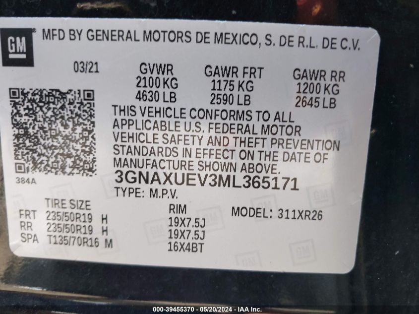 2021 Chevrolet Equinox Awd Lt VIN: 3GNAXUEV3ML365171 Lot: 39455370