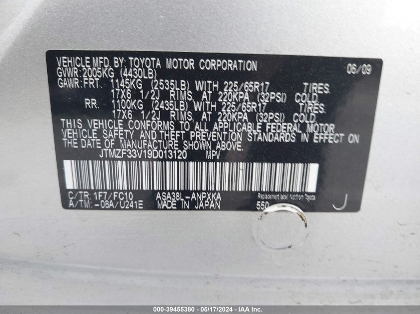 2009 Toyota Rav4 VIN: JTMZF33V19D013120 Lot: 39455380