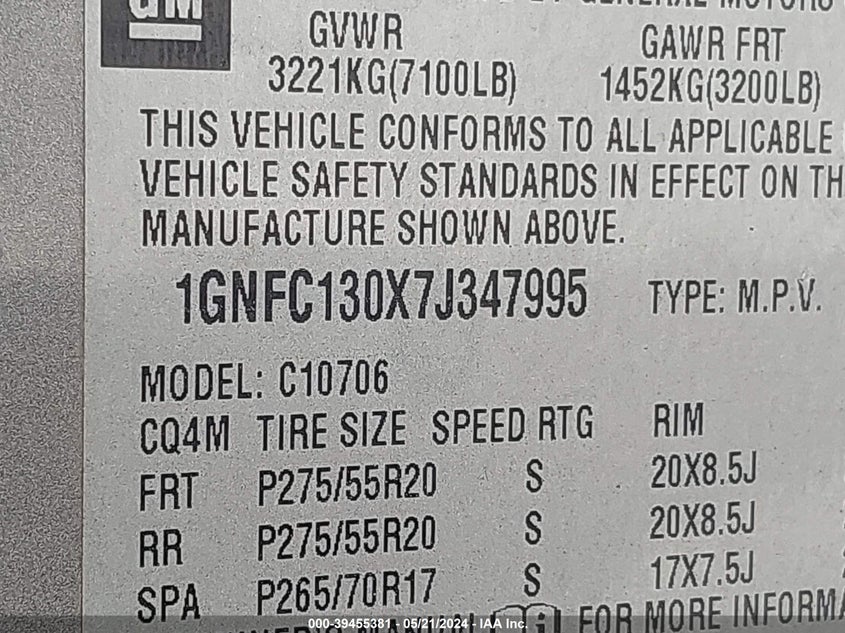 2007 Chevrolet Tahoe Ltz VIN: 1GNFC130X7J347995 Lot: 39455381