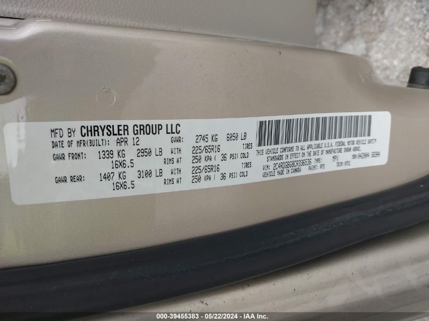 2012 Dodge Grand Caravan Se/Avp VIN: 2C4RDGBG8CR336536 Lot: 39455383