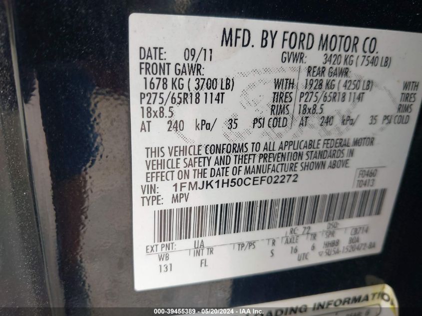 2012 Ford Expedition El Xlt VIN: 1FMJK1H50CEF02272 Lot: 39455389