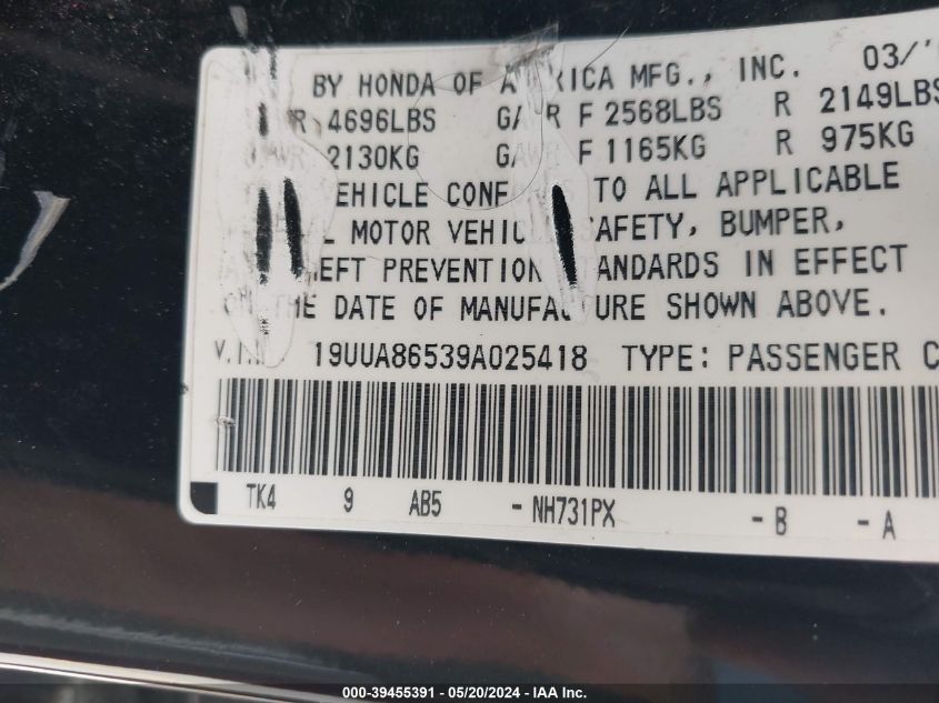 2009 Acura Tl 3.5 VIN: 19UUA86539A025418 Lot: 39455391