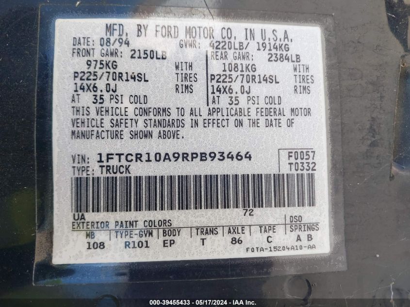 1994 Ford Ranger VIN: 1FTCR10A9RPB93464 Lot: 39455433