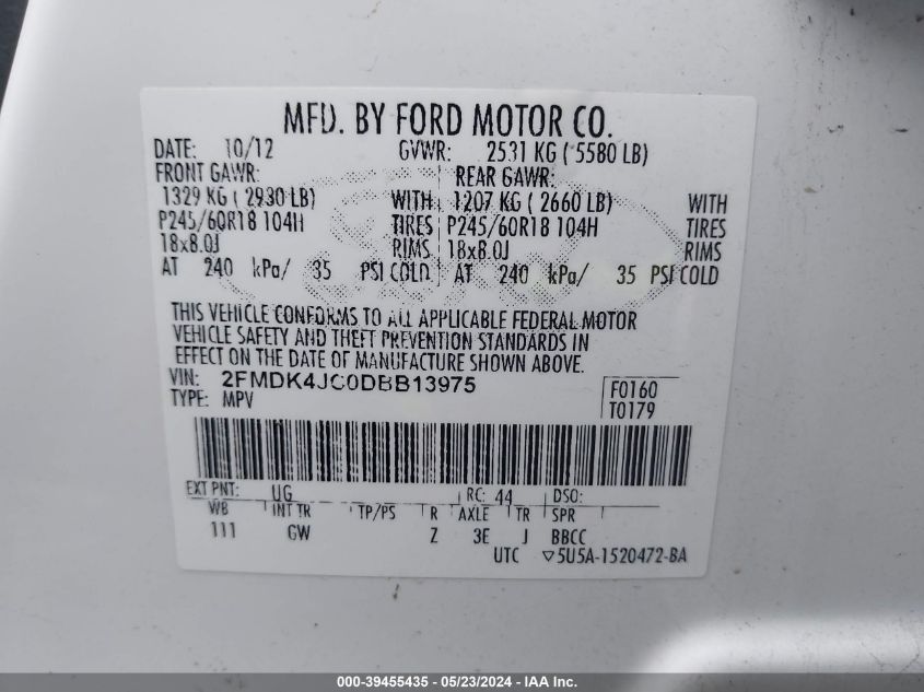 2013 Ford Edge Sel VIN: 2FMDK4JC0DBB13975 Lot: 39455435