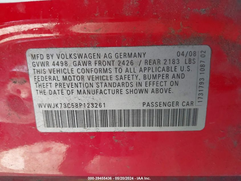 2008 Volkswagen Passat Turbo VIN: WVWJK73C58P123261 Lot: 39455436