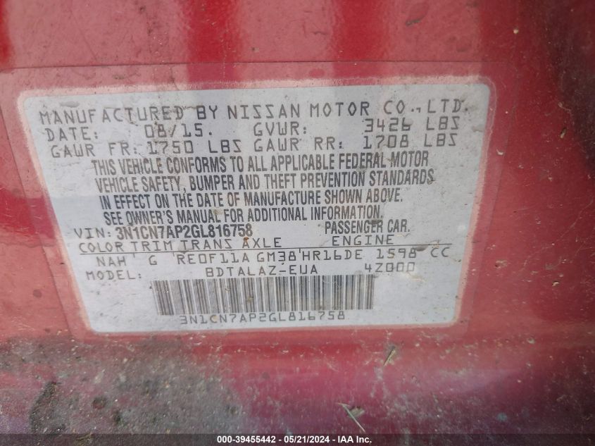 2016 Nissan Versa 1.6 S+ VIN: 3N1CN7AP2GL816758 Lot: 39455442