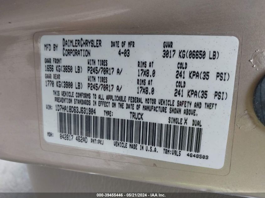 2003 Dodge Ram 1500 Slt/Laramie/St VIN: 1D7HA18D63J631904 Lot: 39455446