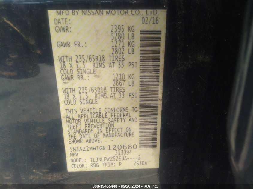 2016 Nissan Murano S VIN: 5N1AZ2MH1GN120680 Lot: 39455448