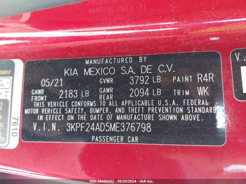 2021 Kia Forte Lxs VIN: 3KPF24AD5ME376798 Lot: 39455452