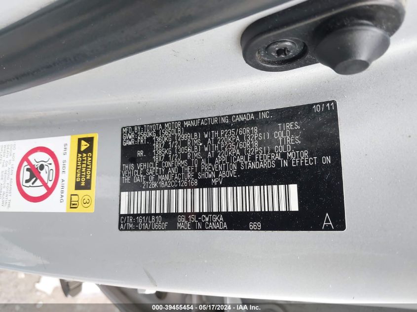 2012 Lexus Rx 350 VIN: 2T2BK1BA2CC126168 Lot: 39455454