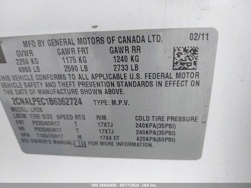 2011 Chevrolet Equinox 2Lt VIN: 2CNALPEC1B6362724 Lot: 39455458