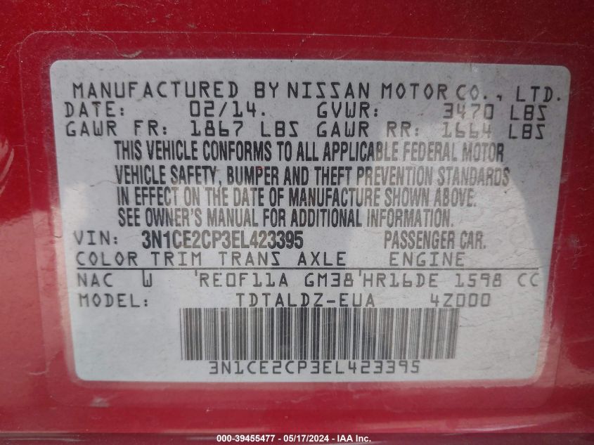 2014 Nissan Versa Note Sv VIN: 3N1CE2CP3EL423395 Lot: 39455477