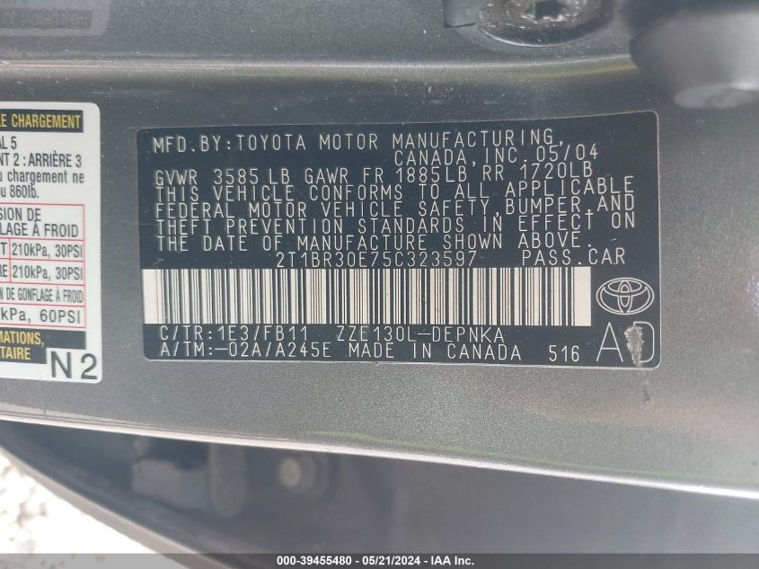 2005 Toyota Corolla Le VIN: 2T1BR30E75C323597 Lot: 39455480