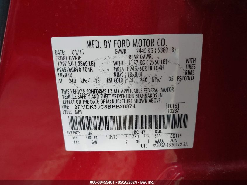 2011 Ford Edge Sel VIN: 2FMDK3JC8BBB20874 Lot: 39455481