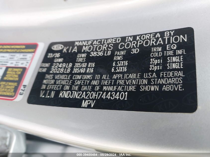 2017 Kia Soul ! VIN: KNDJN2A20H7443401 Lot: 39455484