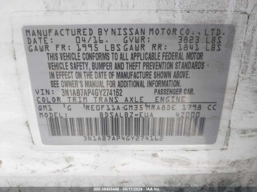 2016 Nissan Sentra S VIN: 3N1AB7AP4GY274162 Lot: 39455486