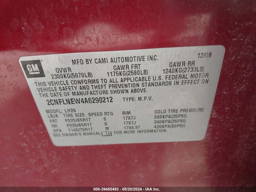 2010 Chevrolet Equinox Lt VIN: 2CNFLNEW4A6290212 Lot: 39455493