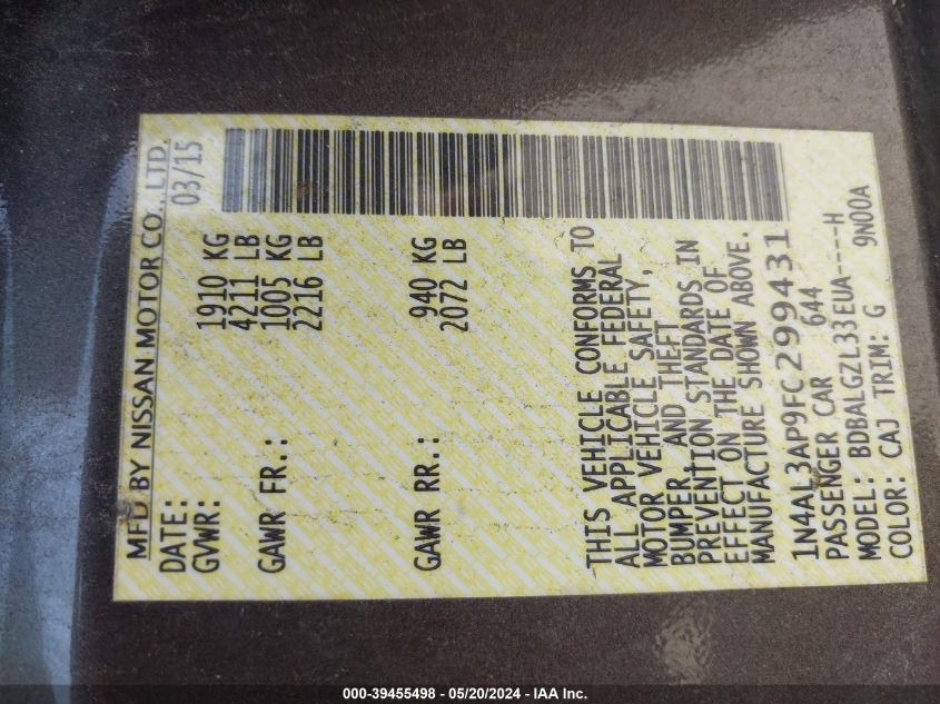 2015 Nissan Altima 2.5 S VIN: 1N4AL3AP9FC299431 Lot: 39455498