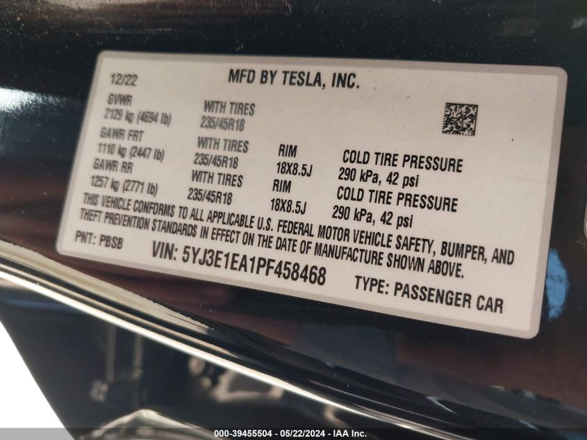 2023 TESLA MODEL 3 - 5YJ3E1EA1PF458468