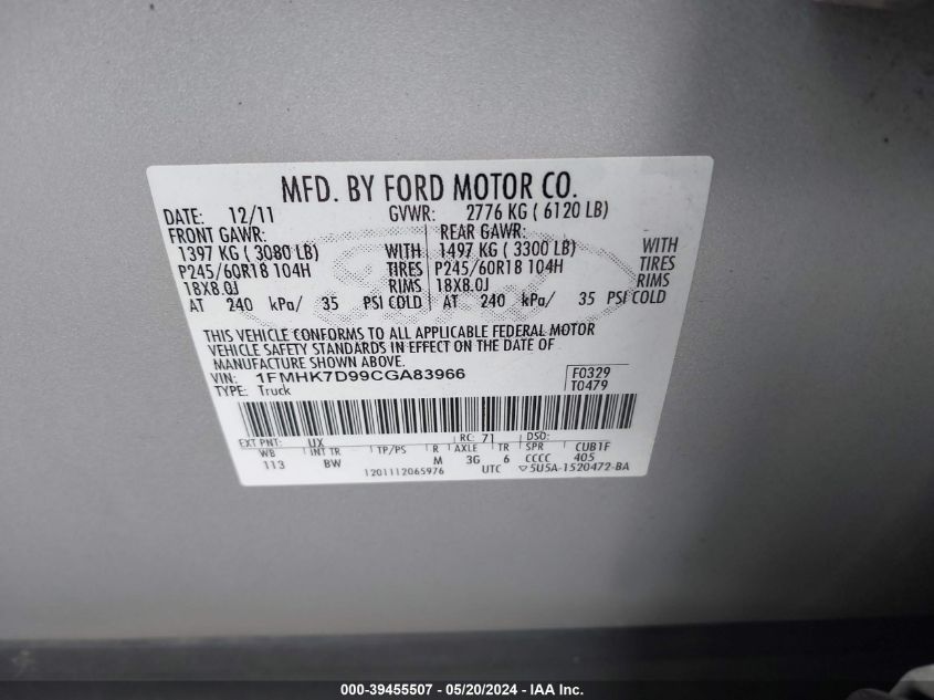 2012 Ford Explorer Xlt VIN: 1FMHK7D99CGA83966 Lot: 39455507