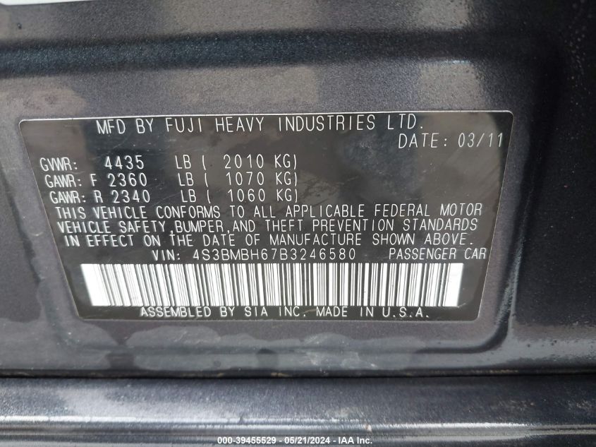 2011 Subaru Legacy 2.5I Premium VIN: 4S3BMBH67B3246580 Lot: 39455529