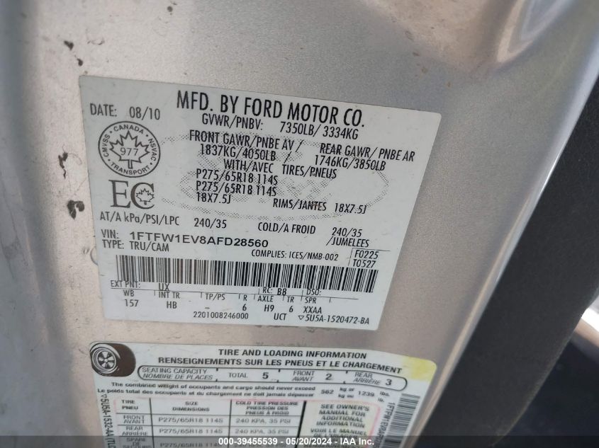 2010 Ford F-150 Fx4/Harley-Davidson/King Ranch/Lariat/Platinum/Xl/Xlt VIN: 1FTFW1EV8AFD28560 Lot: 39455539