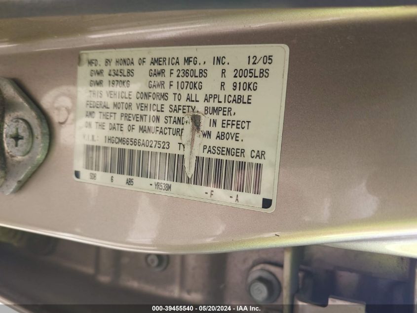 2006 Honda Accord 3.0 Ex VIN: 1HGCM66566A027523 Lot: 39455540